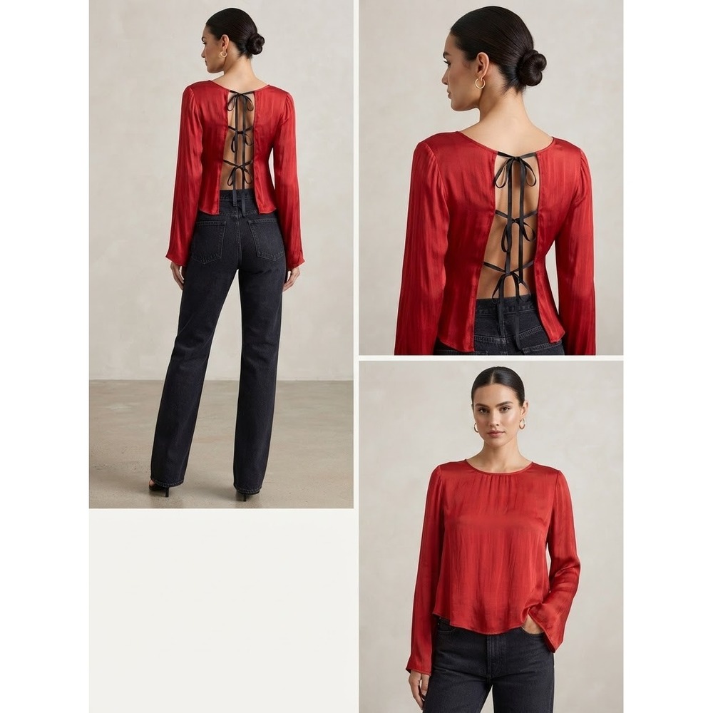 Free People Women Top S Red Rubies Open Back Tie Detail Long Sleeve Satin Blouse